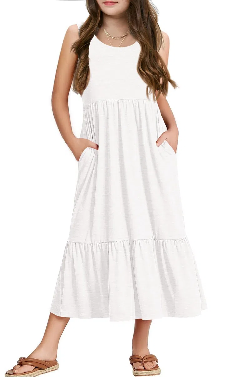 Haloumoning Mädchenkleider Sommer Ärmelloses Kleid Rundhals Tanktop Kleid Kinder Langes Freizeitkleid Sundress