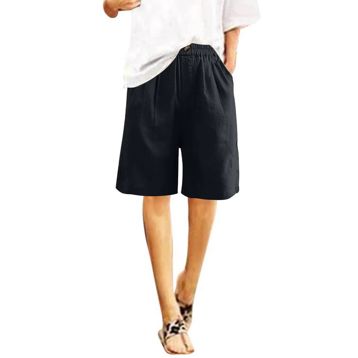 EMATOP Kurze Leinenhose Damen Sommer Leicht Shorts Knielang Stoffhose Casual Baumwolle Leinen Hose Locker Luftig Strandhose Elegant Einfarbiges Sommerhose Weites Hosen mit Taschen Sporthose