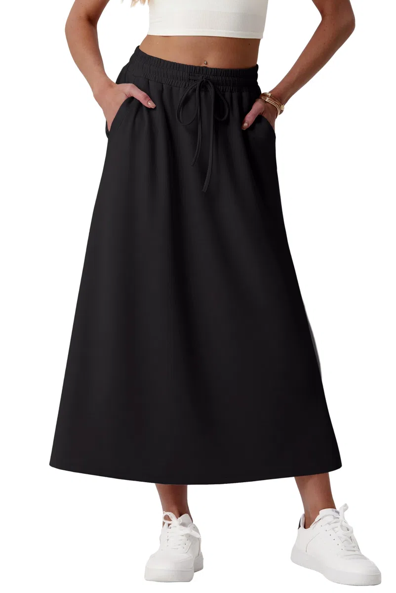 GRECERELLE Rock Damen mit Taschen Elastischer Bund Maxirock Damen Lang A-Linie Sommerrock Damen Midi aus Modal-Mix Casual Rock für Alltag & Urlaub