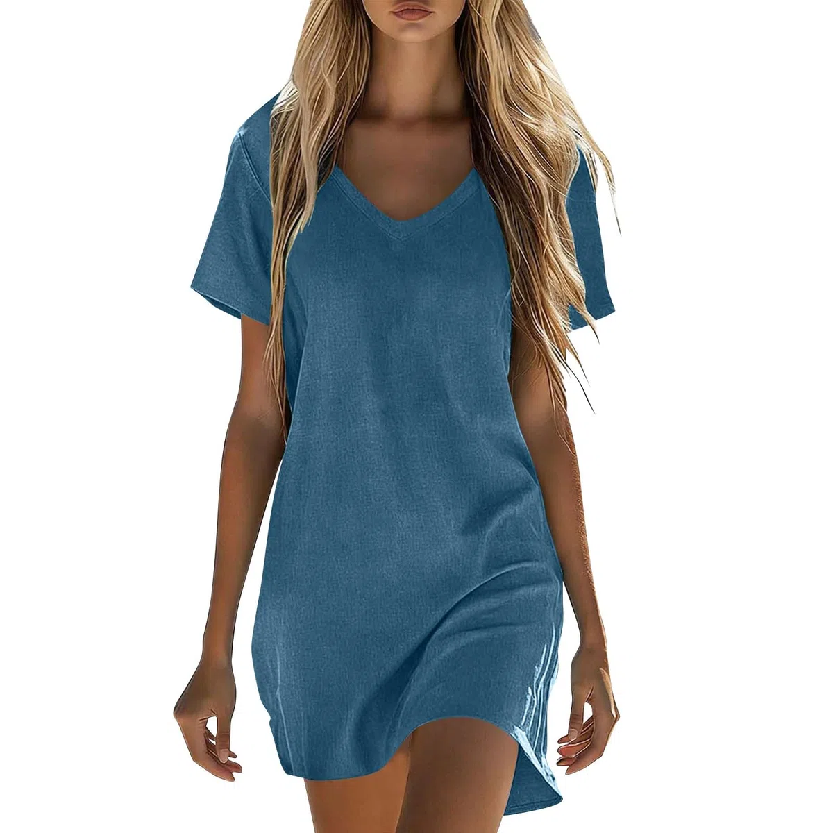 EMATOP Sommerkleid Damen Kurz Leinen Kleider Casual V-Ausschnitt Leinenkleid Leicht Minikleid Baumwolle Strandkleid Kurzarm Bequem Freizeitkleid Elegant Shirtkleider Sommer Einfarbig Kleid