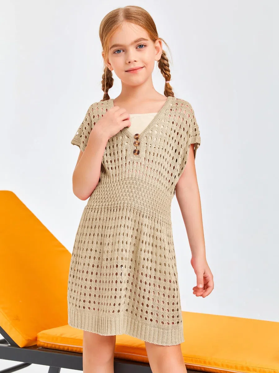 Haloumoning Mädchen Strandkleid Cover Up Sommer Bikini Poncho Kurzarm Strick Kinder Mode Badeanzüge