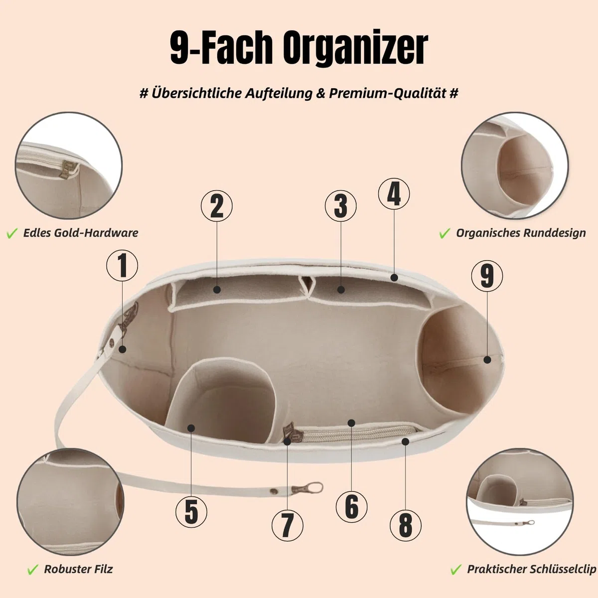 Organizer L für Longchamp Tasche, Taschenorganizer für Le Pliage L mit 9 Fach und Schlüsselkette aus Premium Filz(Beige L)