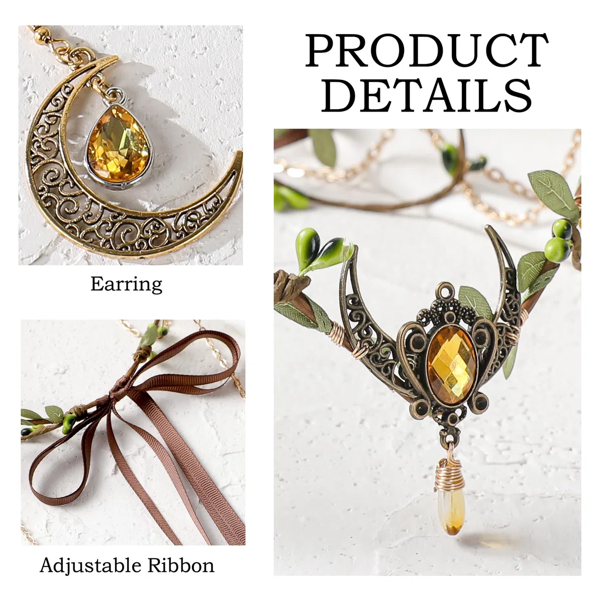 MOSTORY Elfenohren Kopfschmuck Ohrringe Damen Set, Diadem mit Quasten und Mond für Cosplay Karneval Renaissance Kostüm