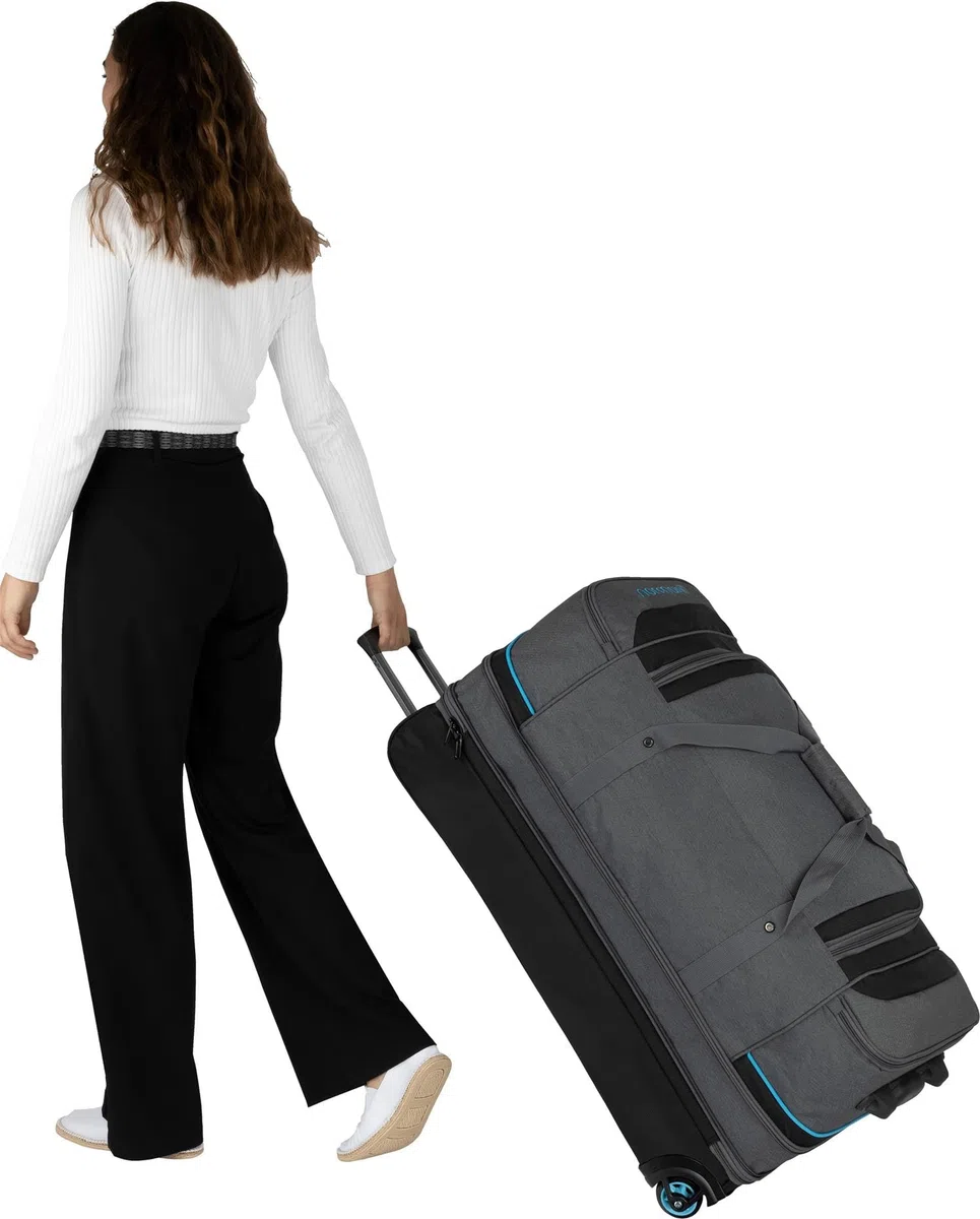 Reisetasche 2-Rad Trolley 120-150 Liter Weichgepäck Travel Bag mit Rollen und 6 Fächern - erweiterbarer Reisetrolley - Rolltasche Sporttasche 81x39x39/47 cm Farbe Grau/Blau Größe 120-150 Liter