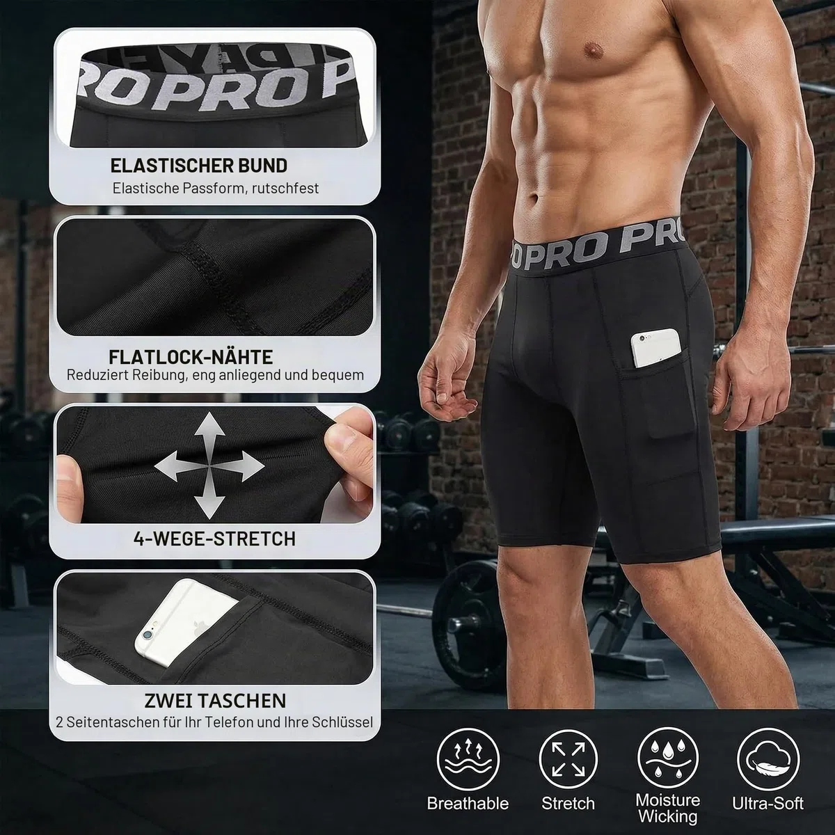 YUSHOW 1-3er Pack Kompressionsshorts Herren Kompressionshose Sporthose Kurz Schnell Trocknend Atmungsaktive Kurze Radlerhose Sommer Männer Laufhose Funktionsunterwäsche mit Taschen