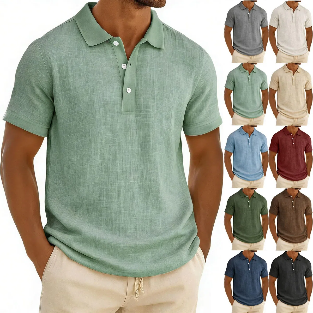 Leinen Poloshirt für Herren Leichtes Sport Henley Shirt Sommer Baumwolle Polohemd Arbeit Business Kurzarm Tops Casual Einfarbig Golf Tshirt Revers Knopfleiste Arbeitstshirts Sportshirt