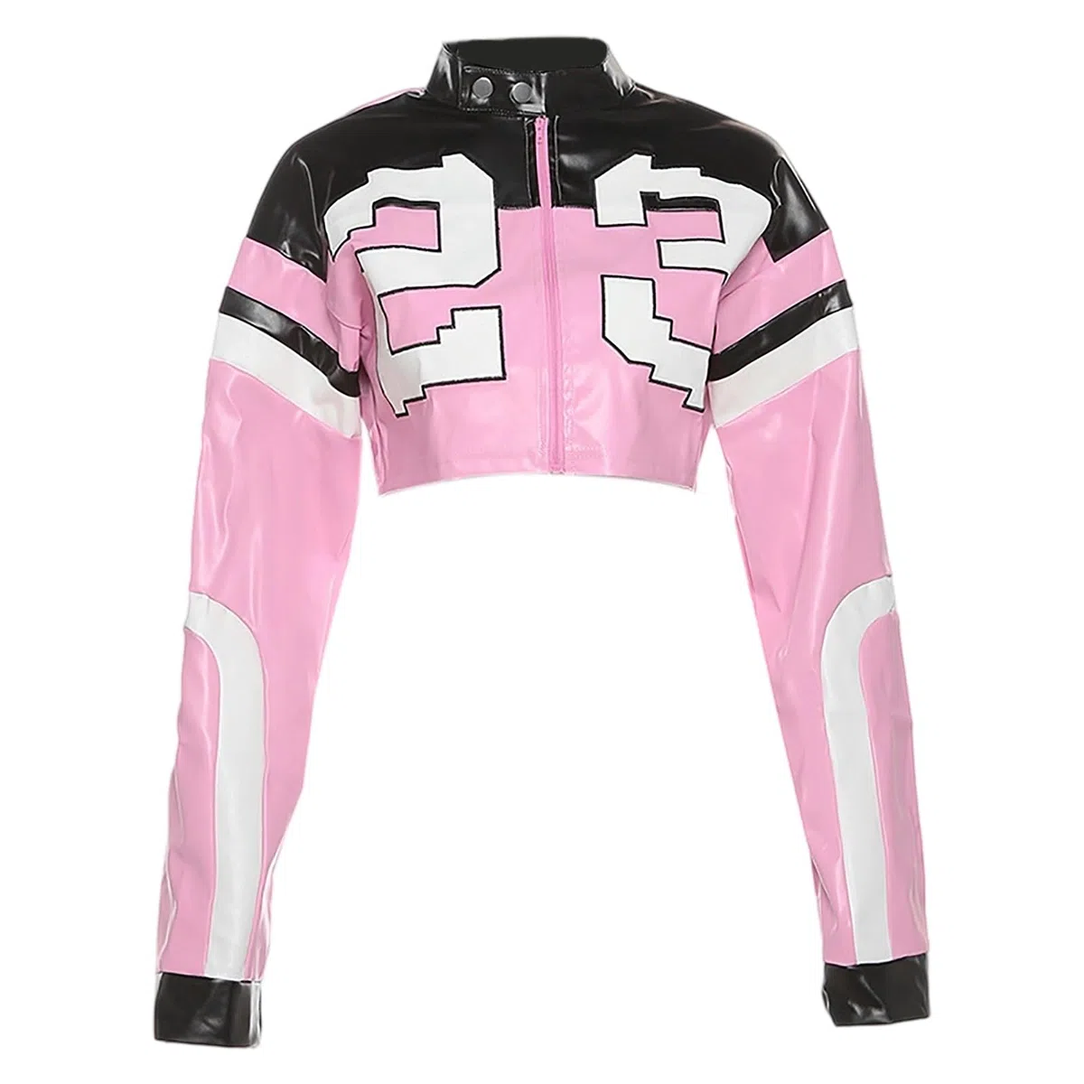 Lederjacke Damen Cropped Jacke Lässig Motorradjacke mit Reißverschluss Stehkragen Bikerjacke Y2K Brief Bomberjacke Kunstlederjacke Gothic Punk Jacke Übergangsjacke Streetwear
