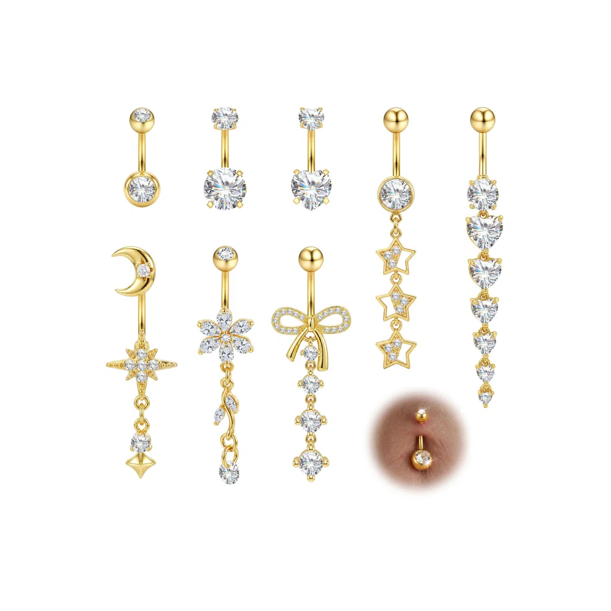 Milacolato 8er Set Bauchnabelpiercing Gold&Silber, 3 Kurze Stäbe Bauchnabelpiercing 10mm, 5 Hängende Bauchnabelpiercings Chirurgenstahl Hypoallergen Herz Schmetterling Blume Bauchpiercing für Damen