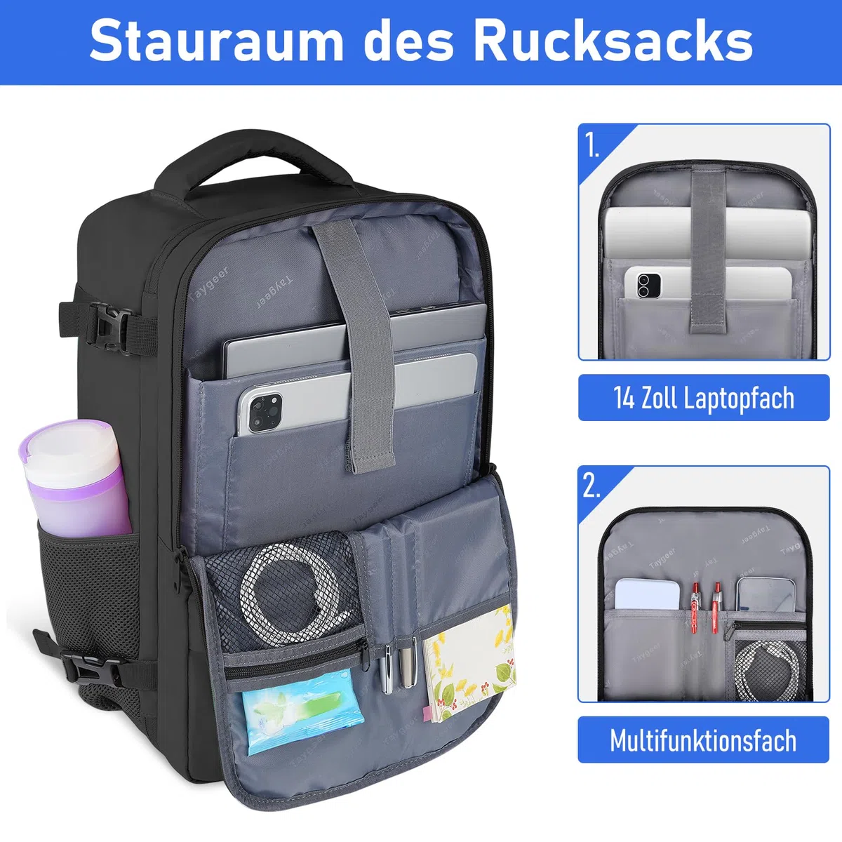 Taygeer Ryanair Handgepäck 40x30x20, Rucksack Handgepäck Flugzeug 24L Leicht, Rucksack 40x30x20 mit 15.6 Zoll Laptopfach, Klein Reiserucksack für Weekender, Kurze Tirp, Schwarz