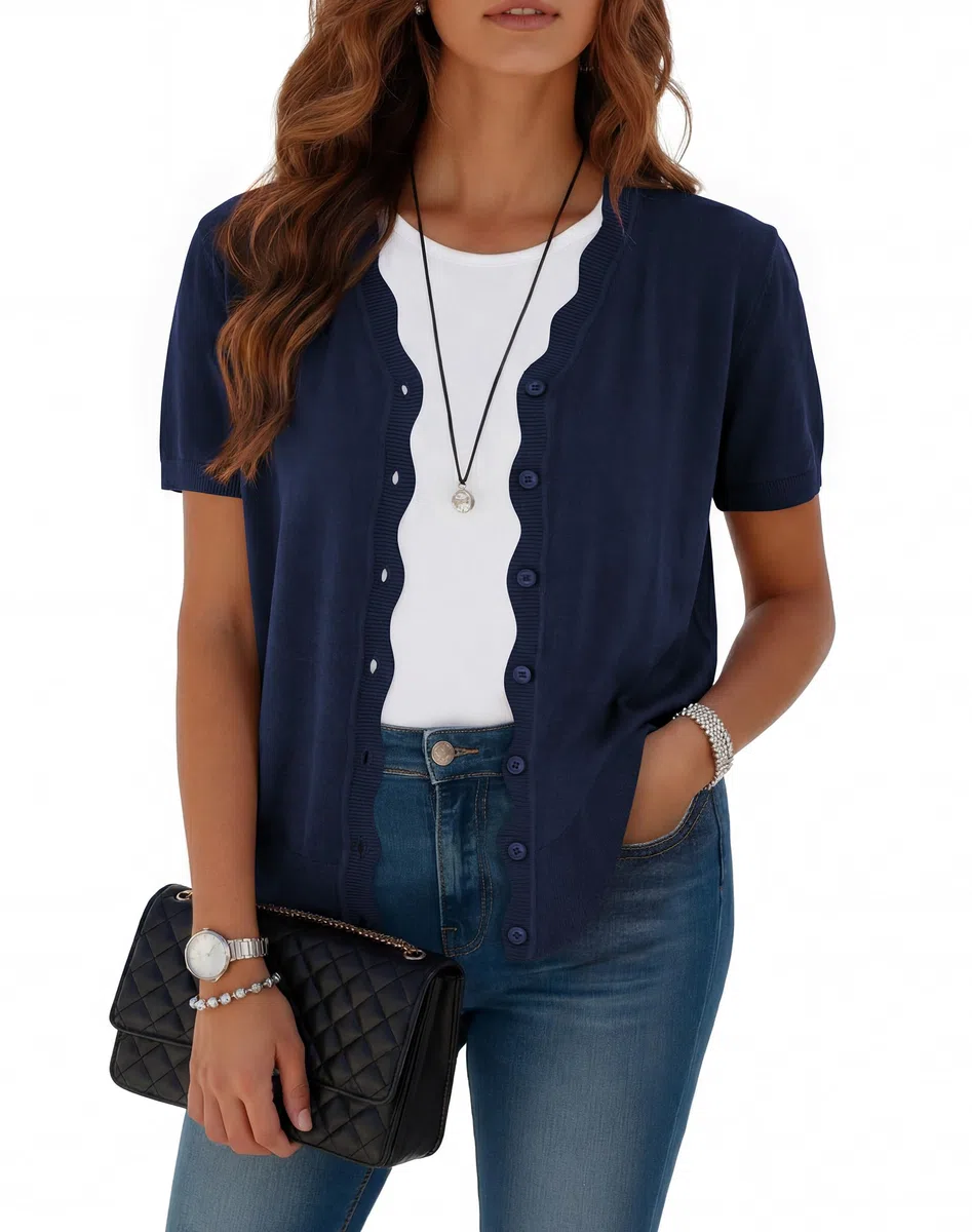 Yommay Strickjacke für Damen Elegant Einzigartig Welle Sommer Kurzarm Leicht Weich V-Ausschnitt Ladies Pullover Cardigan