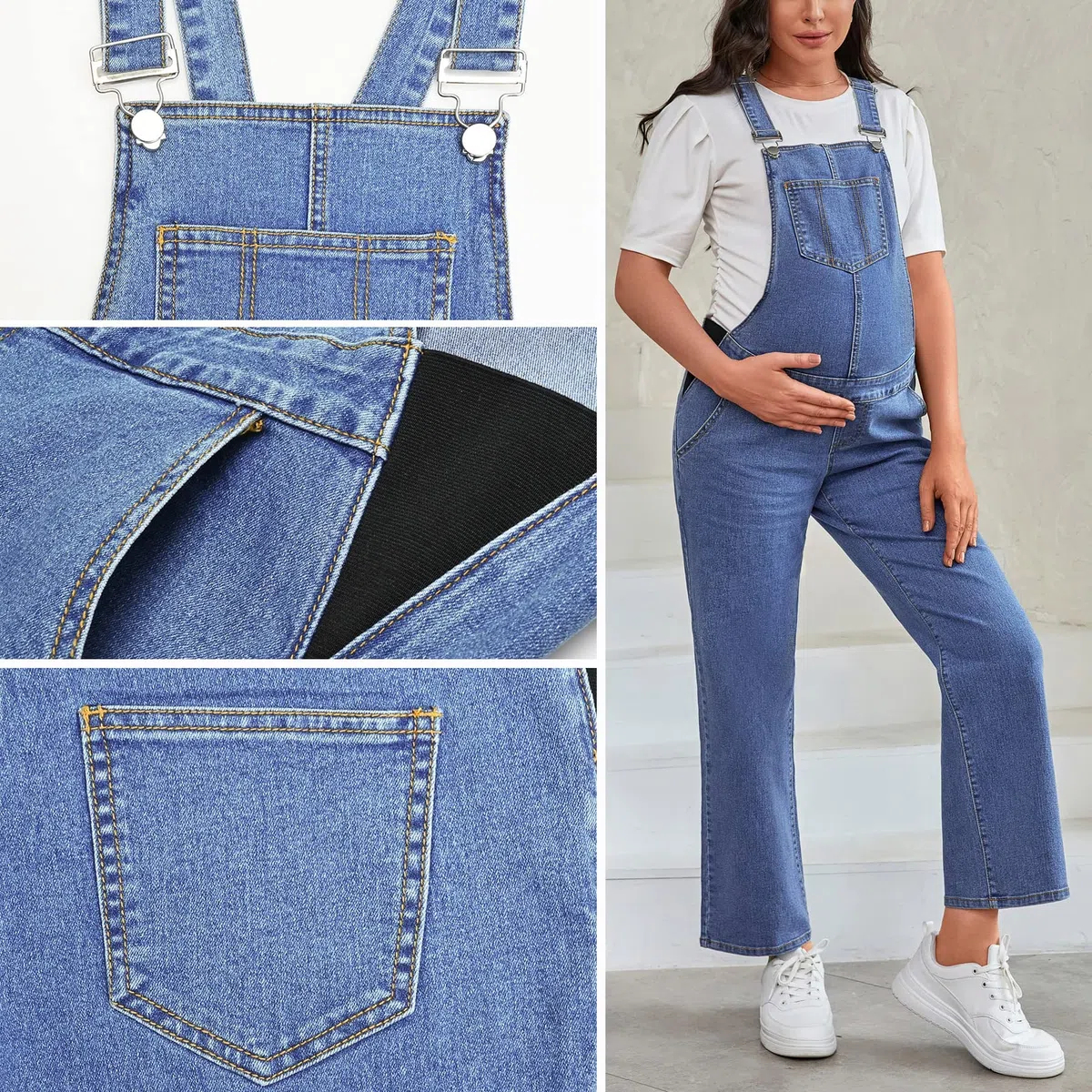 Umstands-Overall, Lätzchen, gerades Bein, knöchellang, Umstands-Denim-Overall für Schwangere
