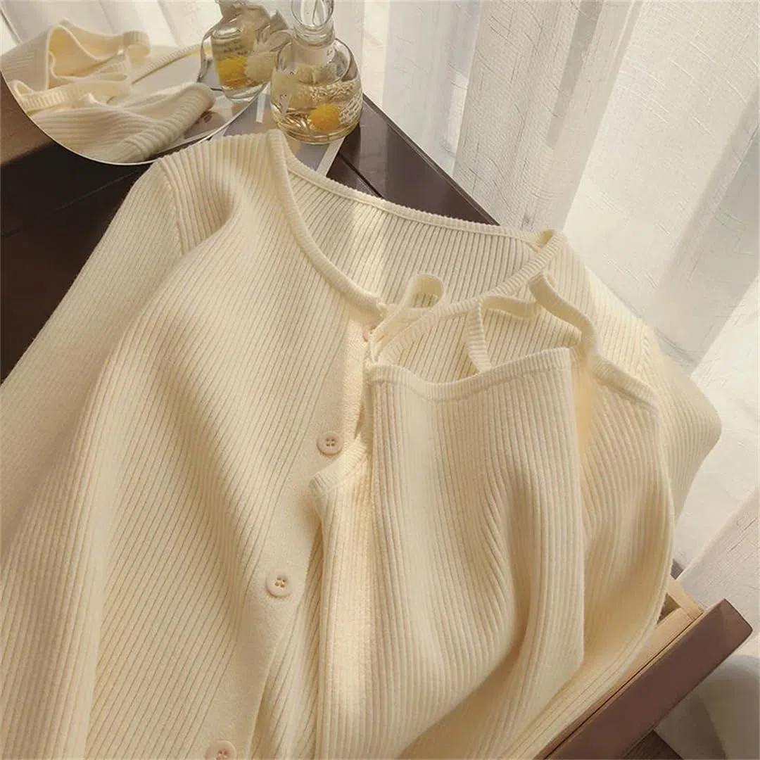 Einreihiges Damen-Tanktop und Strickjacke, zweiteiliges Set