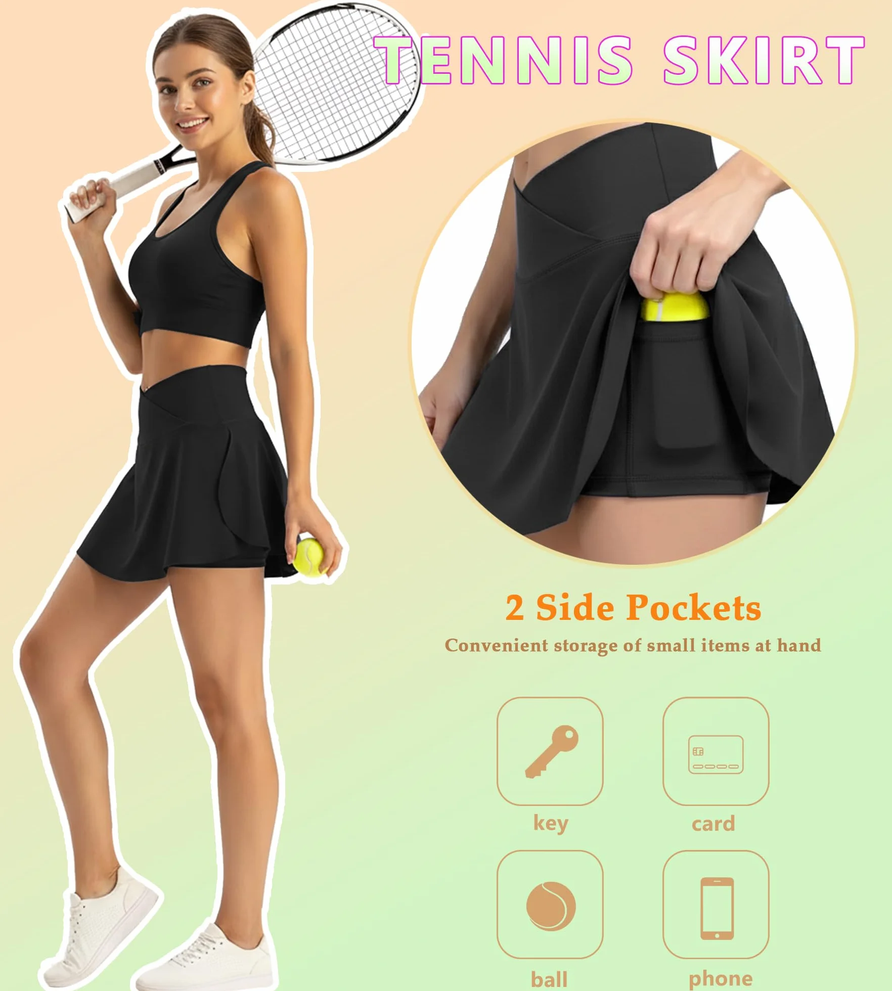 Tennisrock Damen Crossover Rock mit Hose Sportrock Sommer Plissiert Golfrock Hosenrock mit Taschen Tennis Rock Skort Faltenrock Minirock Skirt für Laufen Fitness Workout Radfahren Wandern