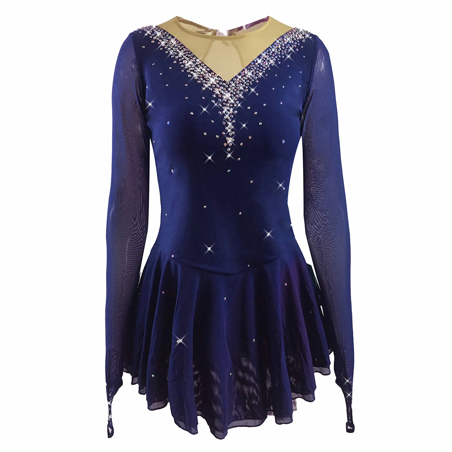 LIUHUO Mädchen Eiskunstlauf Kleid Stretch Mesh Diamant Haken Ärmel