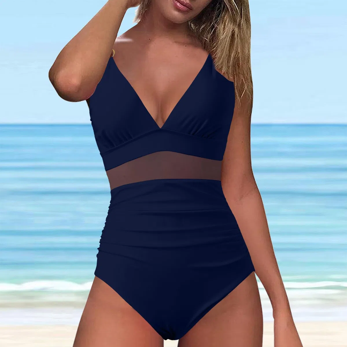 Badeanzug Damen, Badeanzug Damen Bauchweg Mesh V Ausschnitt Einteilige Bademode Monokini mit Gepolsterte Push Up Badeanzüge für Damen Bauchkontrolle Sommer Swimsuit Badebekleidung