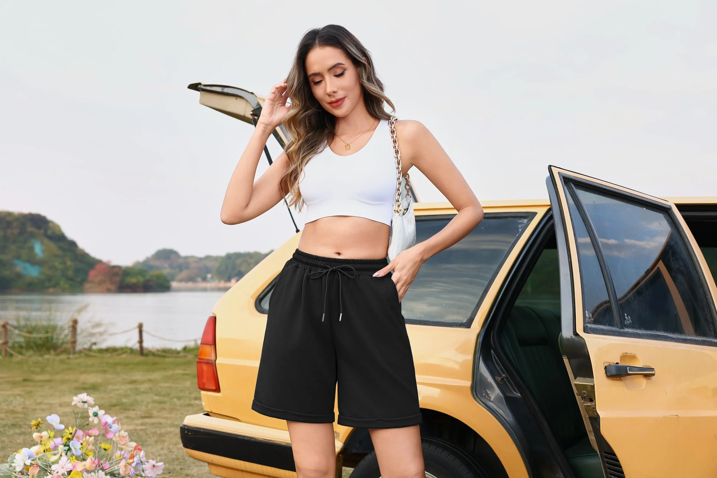 Litherday Shorts Damen Kurze Hose Damen Sporthose Kurz Baumwolle Sport Shorts Sommer Jogginghose Traininghose mit Taschen für Fitness, Running, Gym