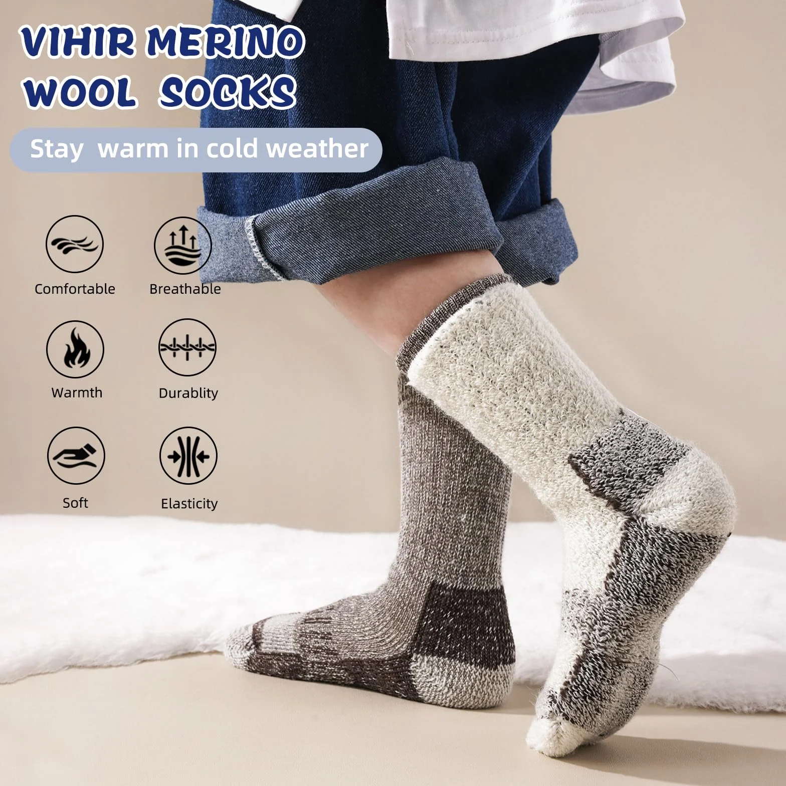 Vihir 4 Paar Wolle Socken Kinder Jungen - Crew Wolle Sportsocken Warme Wintersocken Dicke für Skifahren, Trekking, Wandern 22-26, 26-29, 39-34, 35-38