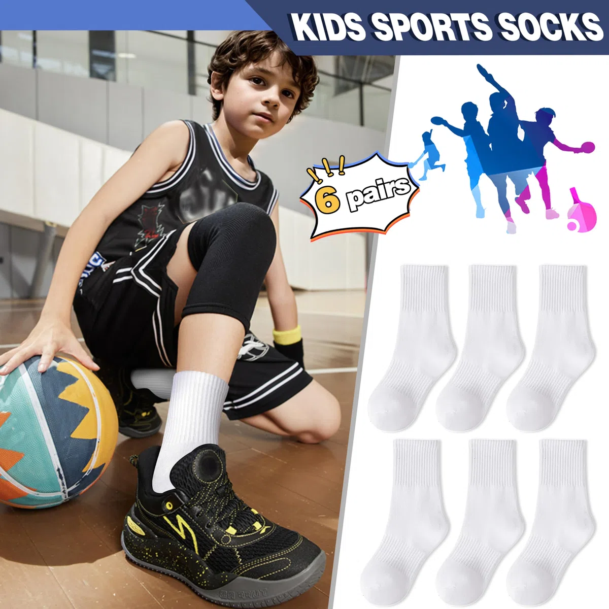 MOGGEI Kindersocken Sport Baumwollsocken Kinder Jungen, Weiche Atmungsaktive Laufsocken mit für Schule & Sport 6 Paar