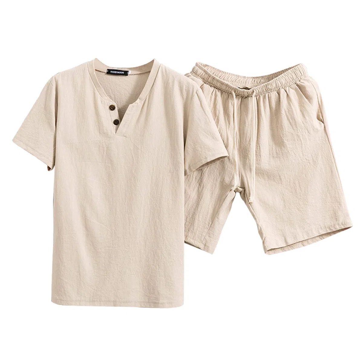 Zweiteiler Herren Leinenanzug Sommer Freizeitanzug Einfarbig 2-teilig Kurzarm Button Up Hemd und Shorts Beach Shirt Kurze Hose Set 2026 Manner Leinen Anzug