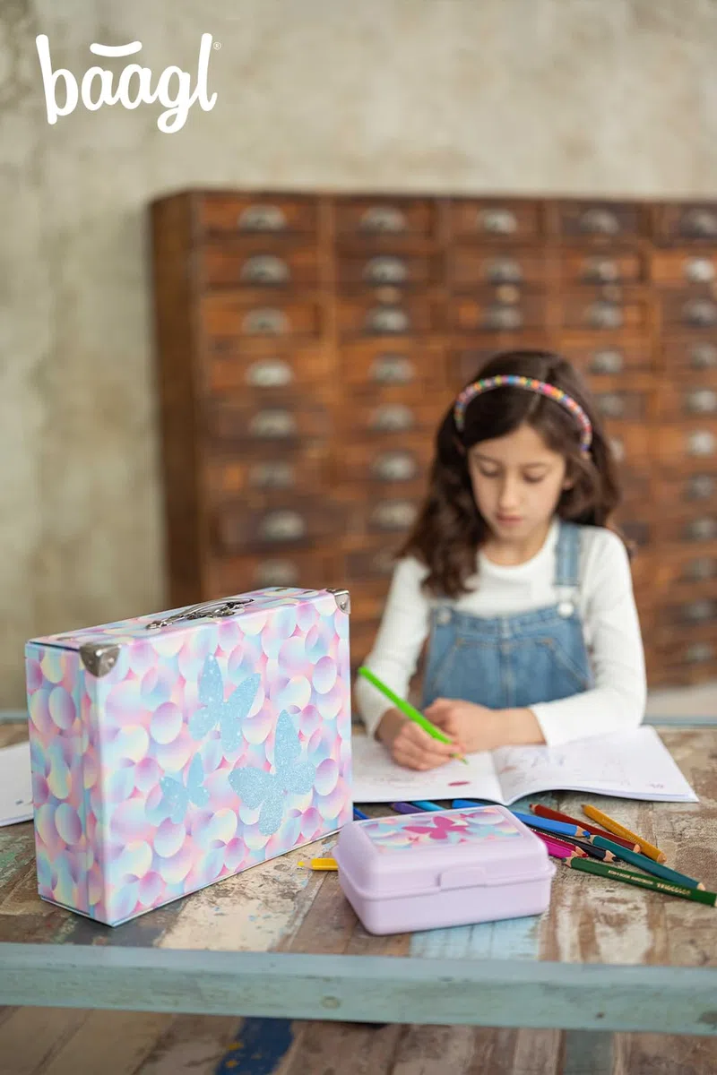 Baagl Kinderkoffer für Kunstunterricht - Pappkoffer für Schulbedarf und Spielzeug - Spielzeugkoffer, Spielkoffer, Faltbarer Kinder Koffer, Faltkoffer, Klappkoffer mit Metallgriff (Candy)