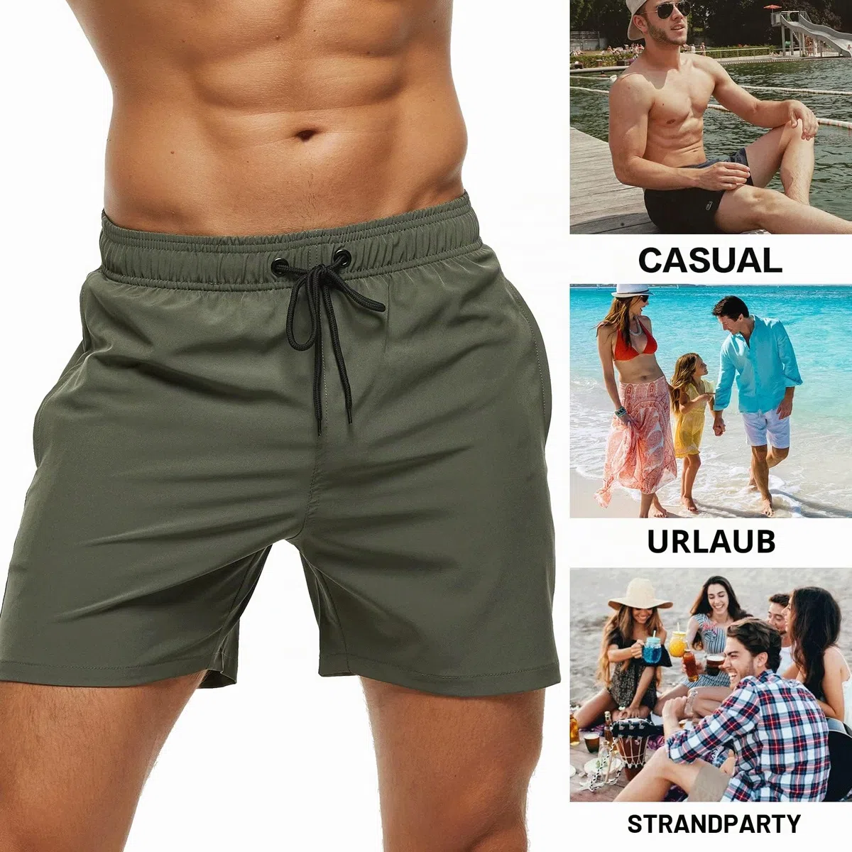 Badehose Herren, Badeshorts mit Reißverschlusstaschen für Herren Schnell Trocknende Wasserabweisend Herren Badehose mit Tunnelzug Meshfutter Schwimmhose Männer