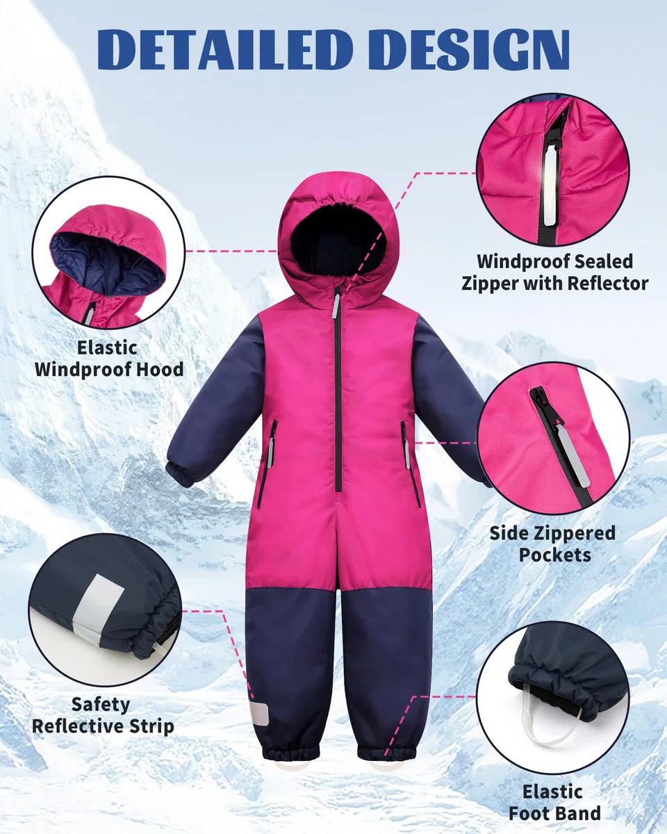 Owntop Schneeanzug Kinder Unisex, Schneeoverall Mädchen Jungen, Winddicht Wasserdicht Skianzug mit Kapuze Reißverschluss (Rosa,104)