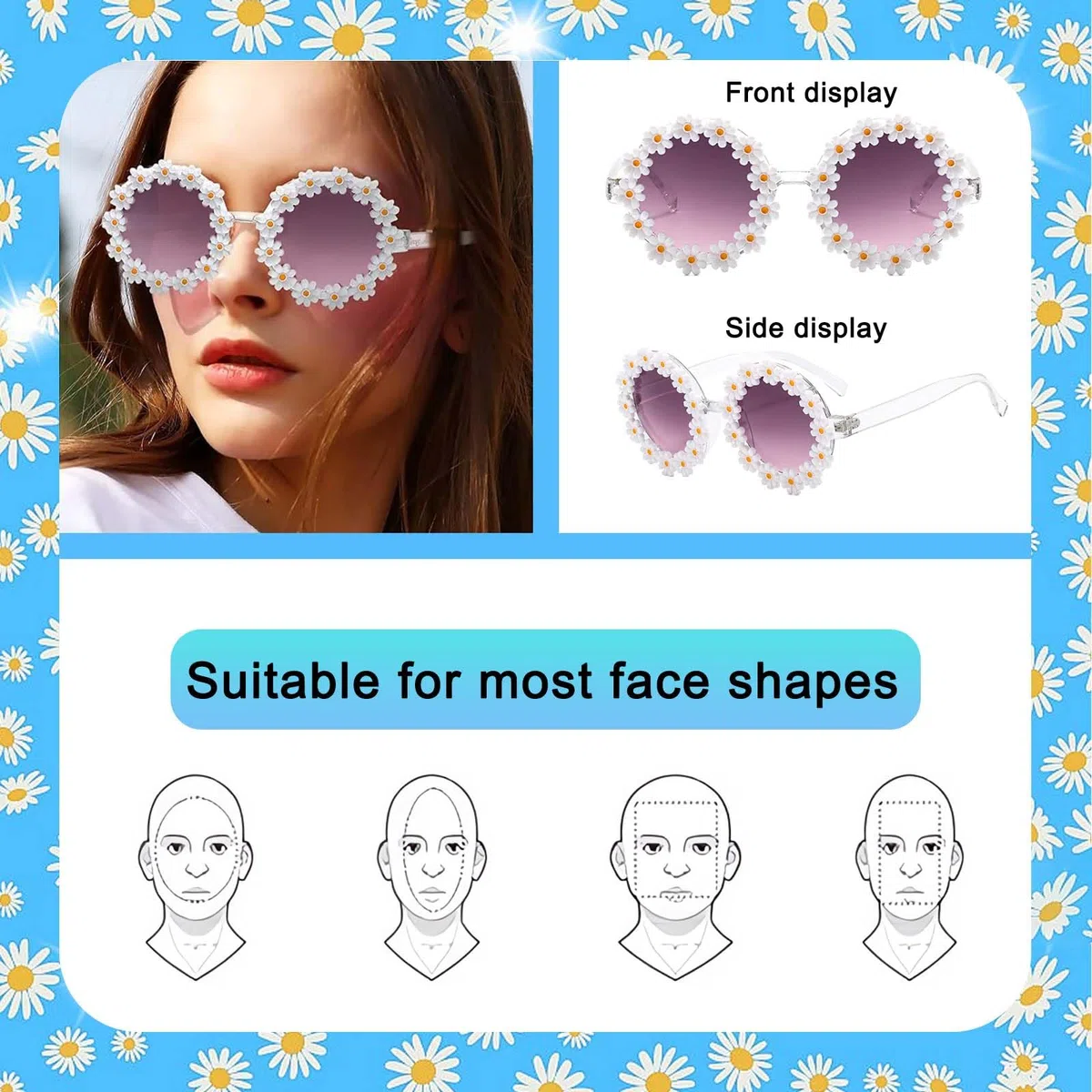 SoundZero 2 Sonnenbrillen Gänseblümchen, Party-Sonnenbrille, Urlaubssonnenbrille, runde Sonnenbrille, Blumendekoration, polarisierte Sonnenbrille, lustige Brille, für Erwachsene, Strand