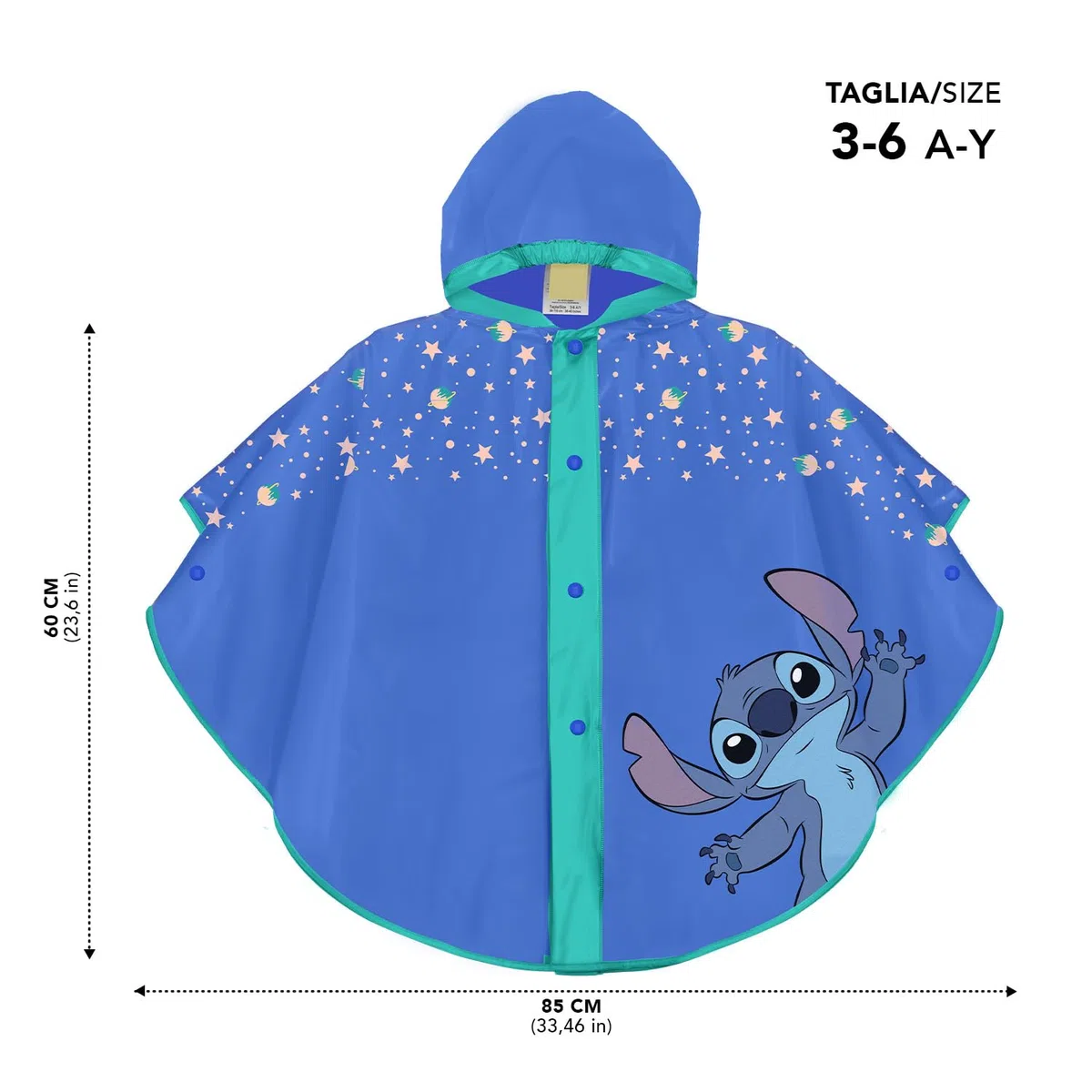 PERLETTI Stitch Kinder Regenponcho Wasserdicht Blau mit Sterren - Außerirdische Regen Cape Kleine Mädchen Jungen Kindergarten - Regenjacke 3 4 5 6 Jahre mit Kapuze und Knöpfe - Regenmantel Unisex