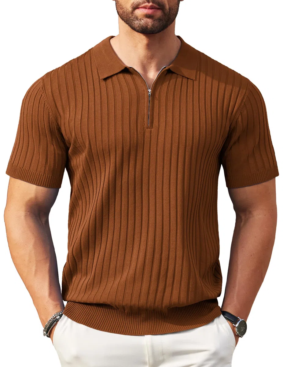 COOFANDY Herren Poloshirt mit Reißverschluss Sommer Kurzarm Strick Gestreiftes Polohemd Stretch Golf Casual Polo Shirt