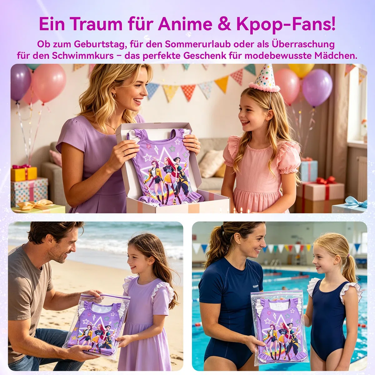 Badeanzug Mädchen, Einteiler Bademode mit Hohem Rücken, Breiten Trägern und Rüschen für Teenager, Elastischer Schwimmanzug, Schnelltrocknender Badebekleidung für Kinder von 6-14 Jahren, Lila