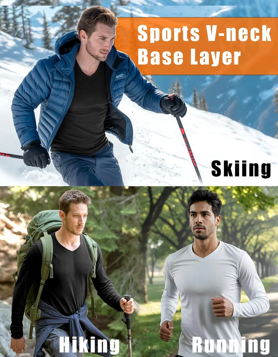 Lehmanlin Herren Langarmshirt Thermounterwäsche Thermo Oberteil Longsleeve Thermoshirt Slim Fit V-Ausschnitt S-2XL