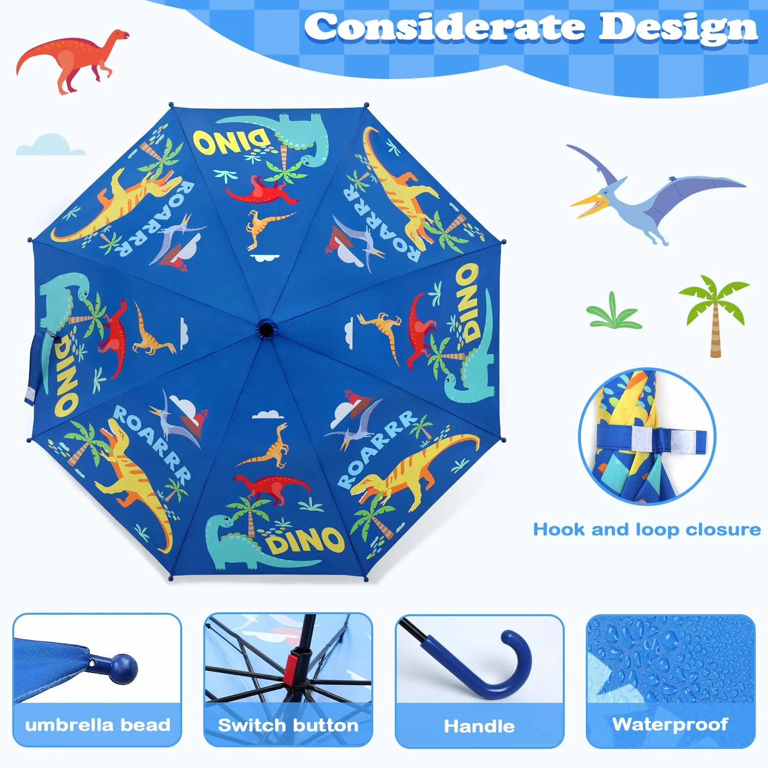 decalsweet Regenschirm Kinder Stockschirm mit Schirmhülle, Windsicher Robustheit Regen Regenschirm, Faltbarer Kinderschirm Taschenschirm für Junge Mädchen Leicht zu Transportieren, Blauer Dinosaurier