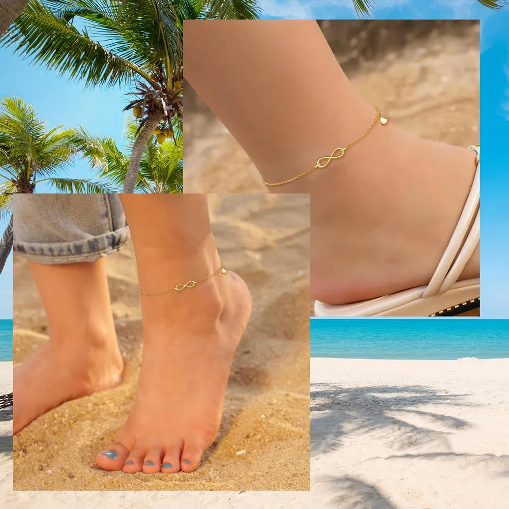 Fussketten für Frauen Sillber, Infinity Herz/Herz Fußkette, 925 Sterling Silber Fußkettchen für Damen, Sommer Strand Knöchel Armband Fußspange, Wasserfest Fußschmuck Verstellbar -22+5cm