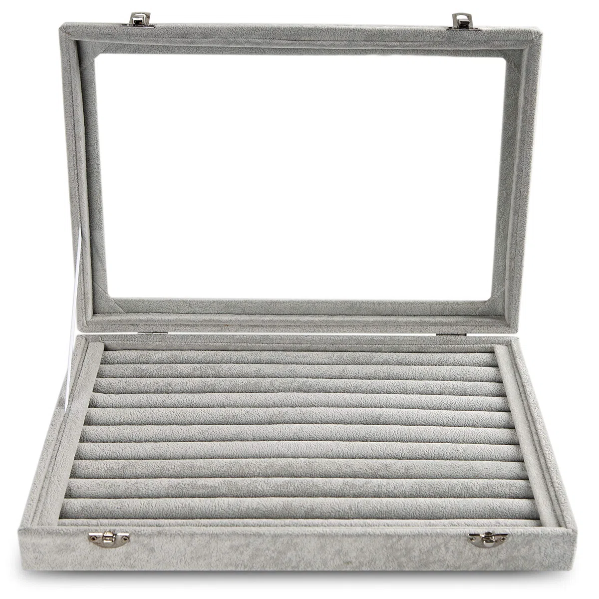 Frebeauty Ringe/Ohrringe Organizer Tablett mit klarem Deckel 10 Slots Samt Schublade Einsatz Schmuck Aufbewahrungsbox mit transparentem Glasdeckel Schmuck Vitrine Geschenk für Frauen (Grau, 10 Slots)