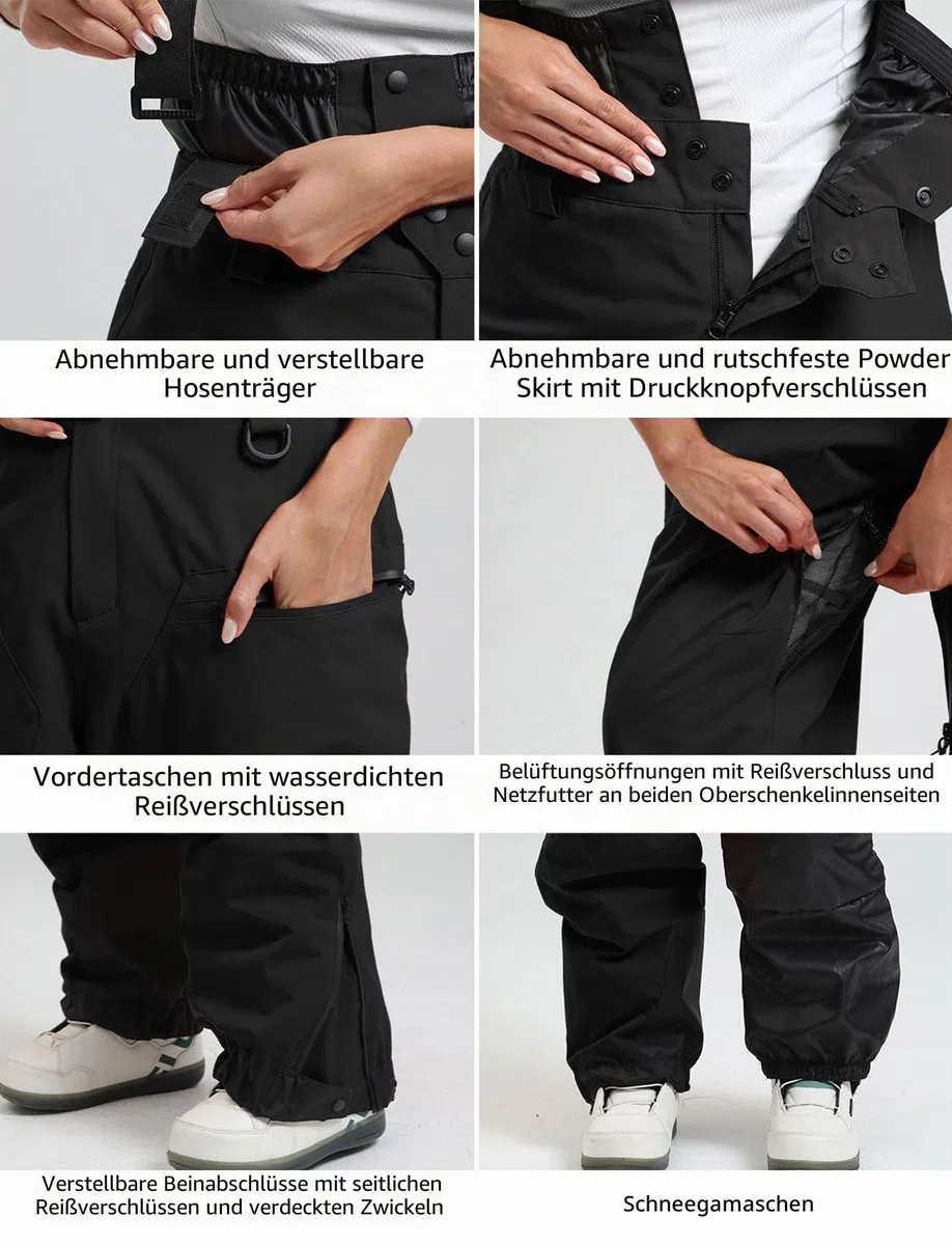 GSOU SNOW Herren Damen Skihose Baggy Snowboardhose Wasserdicht Winddicht Atmungsaktiv Warm mit Hosenträgern