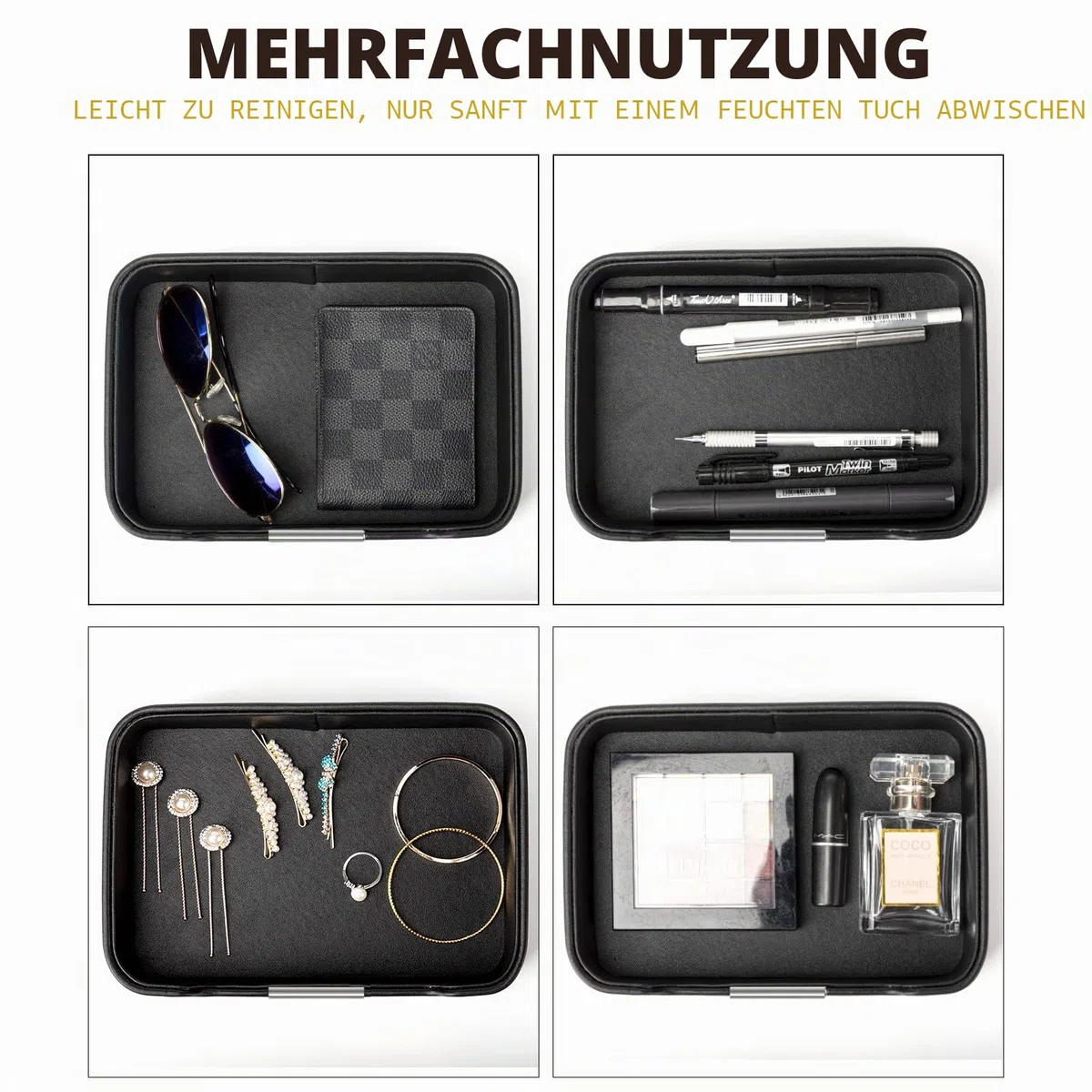 SANZIE Luxuriöses Lederschale Schlüsselschale Aufbewahrung Schlüsselablage Organizer Ablage Tablett Schale für Schlüssel, Flur zu halten Schmuck, Uhren, Brieftasche (Metallversilbert, Schwarz)