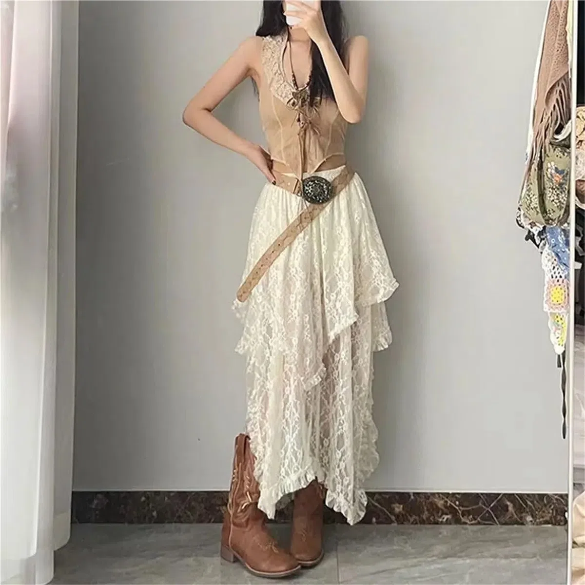 Strandrock Damen Lang Röcke Frauen Frühling Sommer Lange Maxi Rock Frau Kleidung Vintage Spitze Frauen Rock
