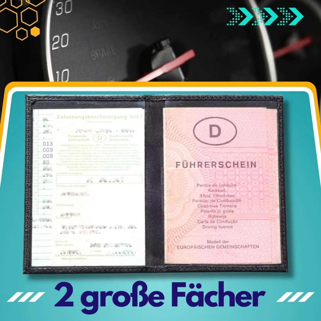 Fahrzeugschein Hülle Ausweishülle Mappe für Zulassungsschein Führerschein Ausweis Kfz Schein Auto Zubehör Kartenetui mit 2 Fächern aus Premium Kunstleder – Schwarz (Schwarz 1 Stück)