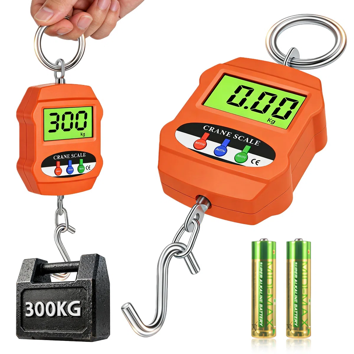 Digitale Hängewaage 300 kg, Kofferwaage Digital mit Haken, Tragbare Elektronische Kranwaage, lbs/kg/N Zugwaage mit LCD-Display, Gepäckwaage, Hakenwaage für Reisen Koffer Fischerei Jagd im Freien