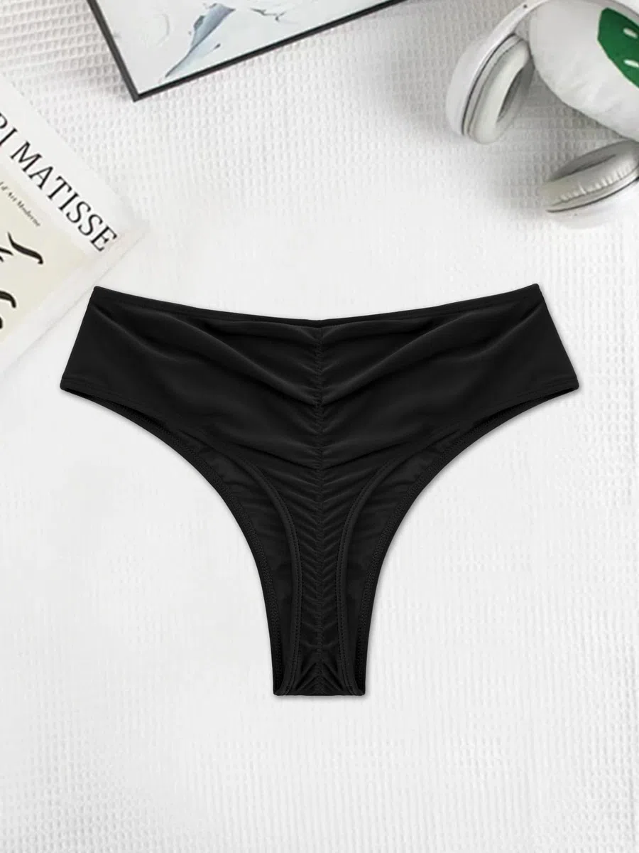 SHEKINI Damen Tanga Bikini Unterteil Hohe Taille Geraffte Rückseite Badeanzug Unterteil