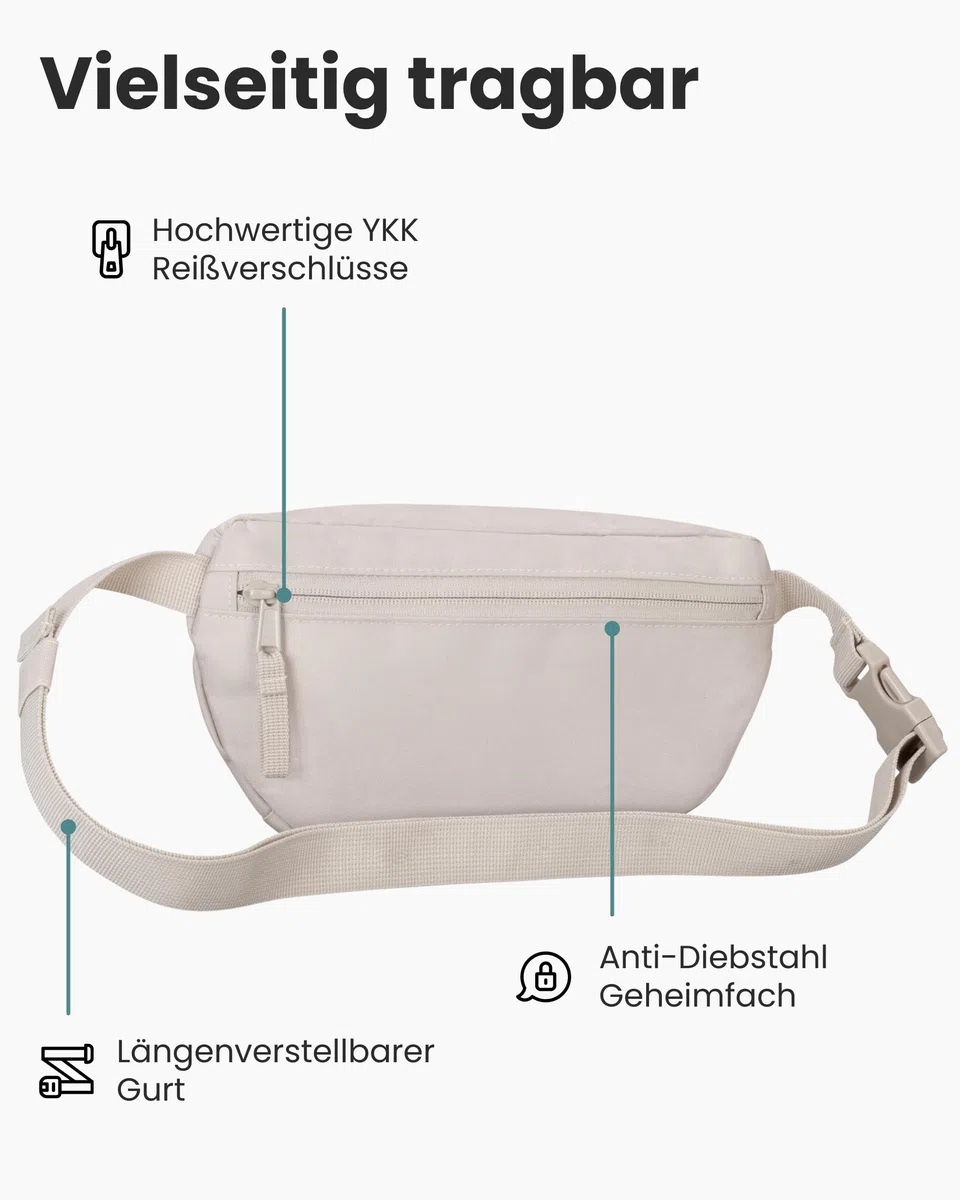 LARKSON Bauchtasche Damen & Herren Beige - Finn - Hüfttasche für Sport Outdoor Stadt - Gürteltasche Stylisch für Festival - Crossbody Bag mit Gurt - Wasserabweisend