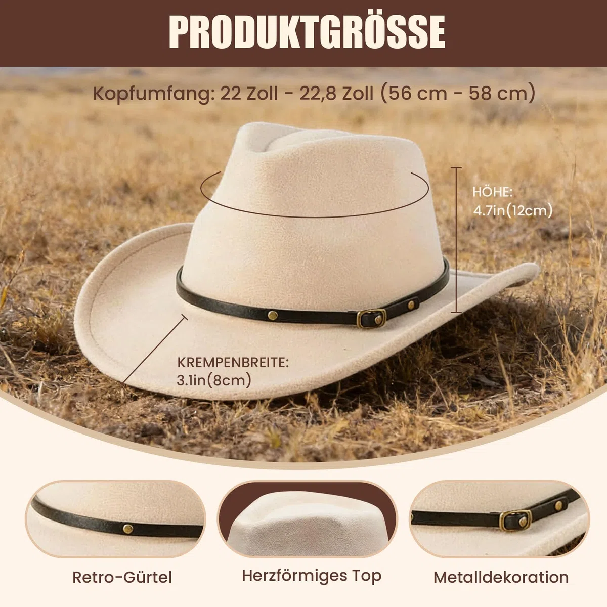 Western-Cowboyhut für Herren und Damen, klassischer Western-Fedora-Hut aus Filz, breite Krempe, perfekt für Cowboyhut, Kostüm und Outdoor-Aktivitäten (gebrochenes Weiß)