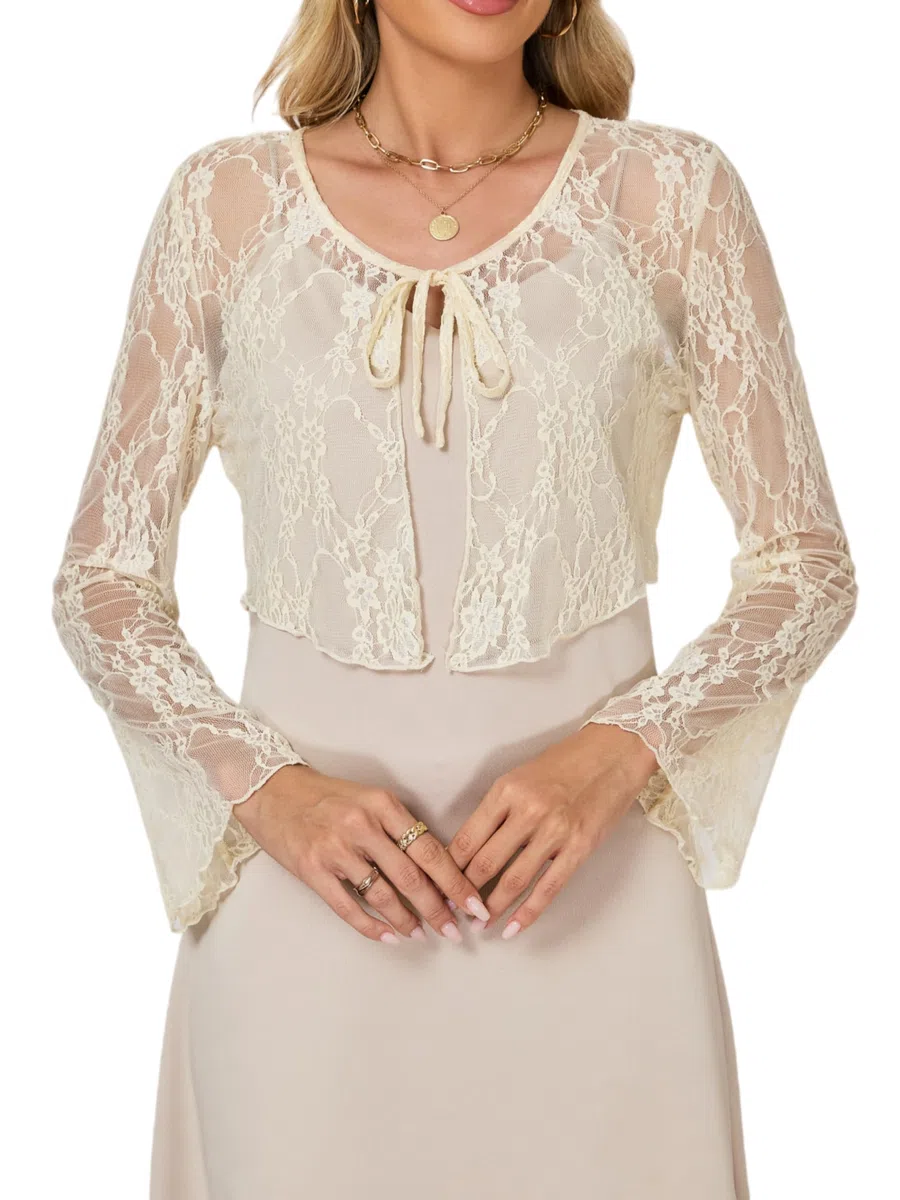 Damen Bolerojacke Elegnat Festlich Spitzen Bolero mit Bindeband Langarm V Ausschnitt Cardigan Jäckchen über Kleid