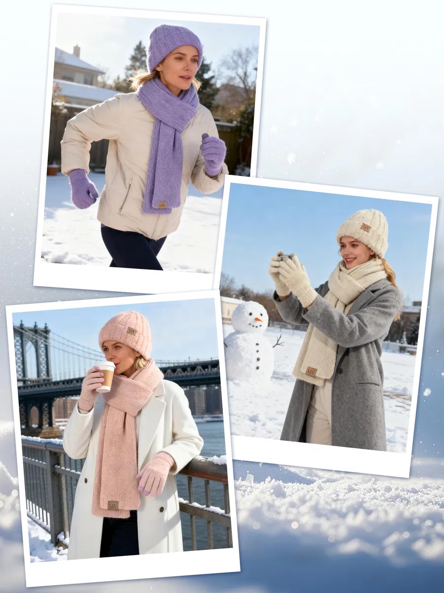 VZV Wintermütze, Schal, Handschuhe-Set: Warme Kashmir-Strickmütze, Damen Langer Schal, Touchscreen-Winterhandschuhe, Geschenke für Frauen