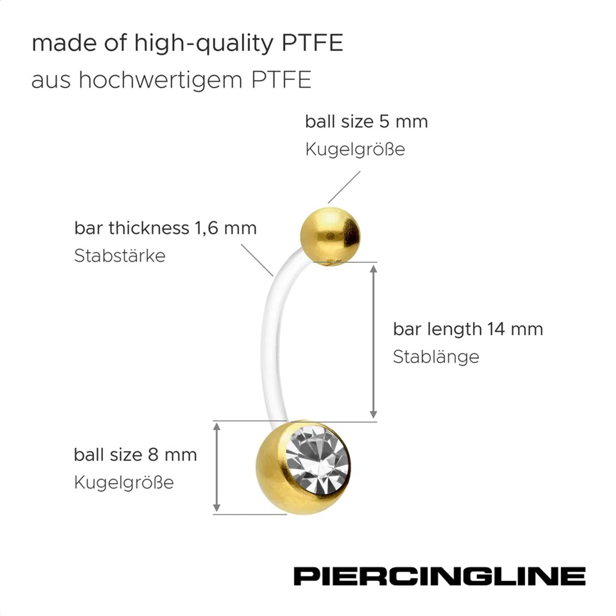 PIERCINGLINE flexibles Bauchnabelpiercing aus Teflon - für Schwangerschaft - mit Kugel aus Chirurgenstahl und Kristall - kürzbar - in 7 Farben