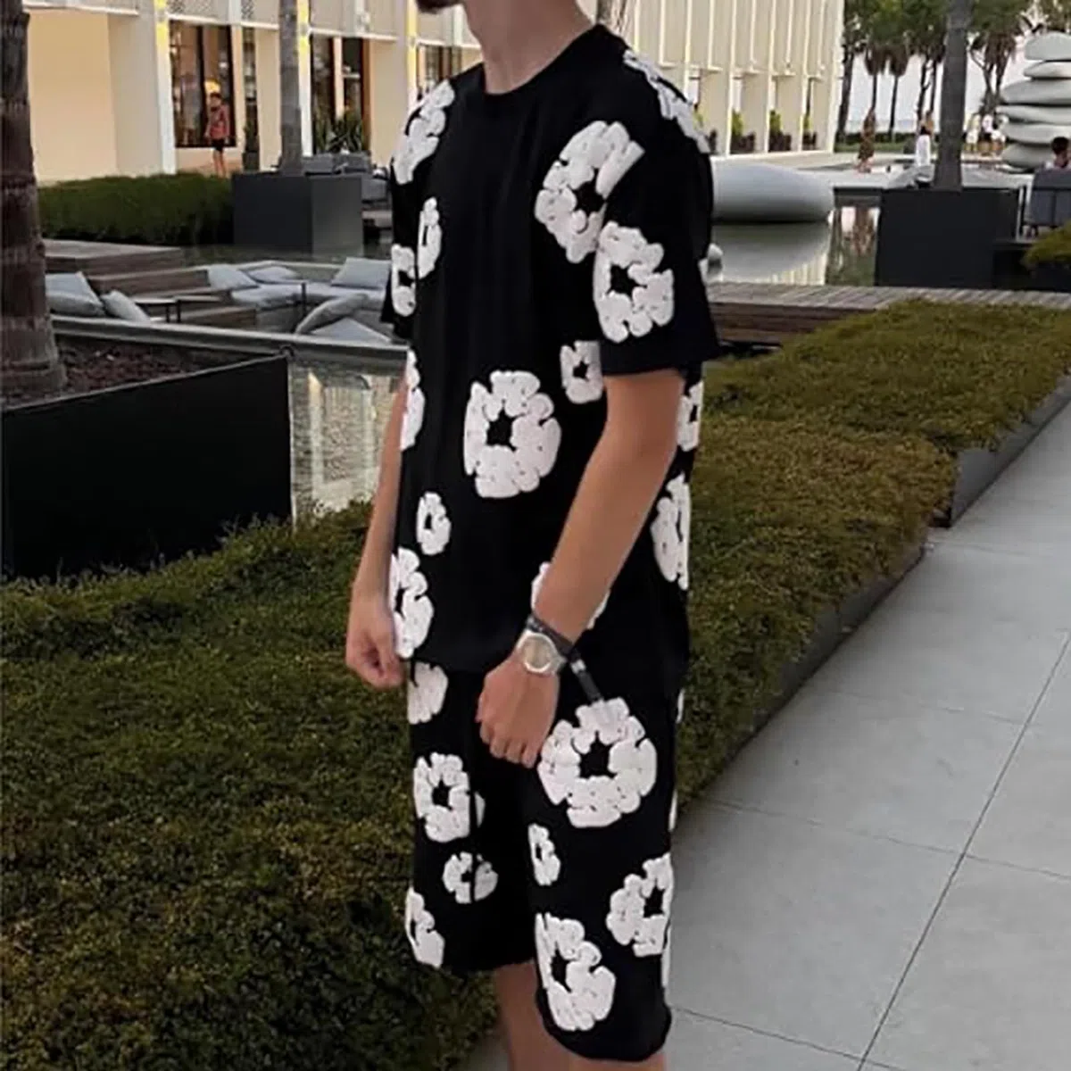 Zweiteiler Damen Herren Sommer, Jogginganzug Herren T-Shirt und Shorts Set 2 Teiliges, Blumen Motiv Outfits Trainingsanzug Unisex Sportanzug Y2K Hip Hop Streetwear
