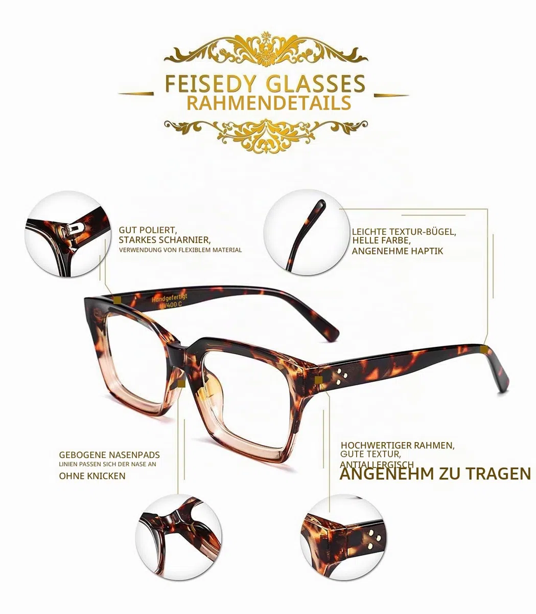 FEISEDY Klassische Brille Rechteckig Klare Linsen Dicker Brillenfassung für Damen Herren B2461