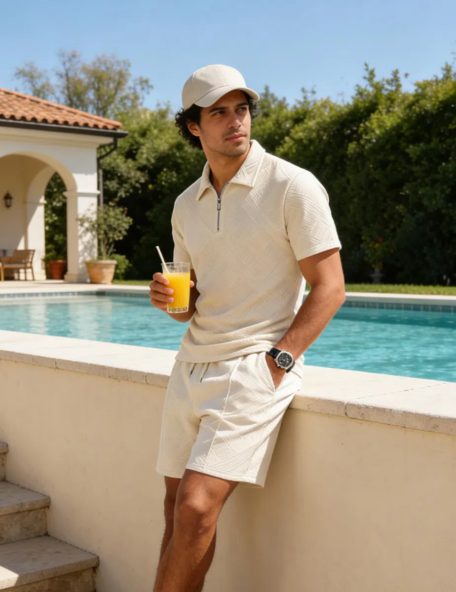 UOUA Herren 2-teiliges Sommer-Set Polo mit Viertelreißverschluss & Shorts Trainingsanzug Golf