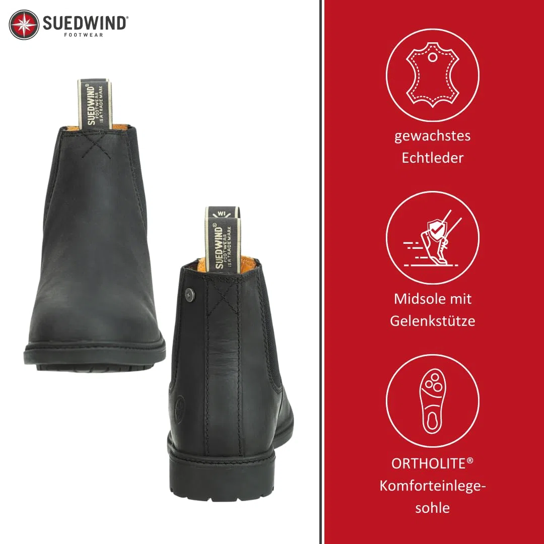 SUEDWIND FOOTWEAR Reitstiefeletten für Damen NEW WORK ECO – Chelsea Boots aus Leder – Reit- & Freizeit-Stiefelette m. Ortholite-Innensohle, TRX-Sohle & Micro-Dry-Futter – 2 Farben – Gr.35-46