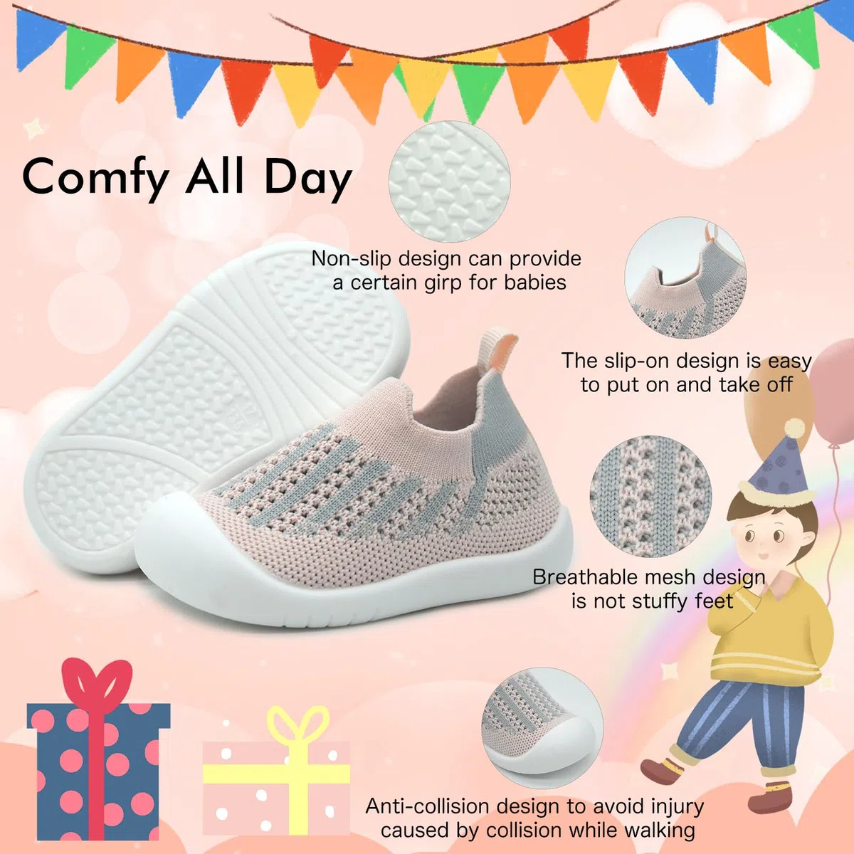 Baby Sockenschuhe Lauflernschuhe Krabbelschuhe für Mädchen und Jungen im Alter von 6-36 Monaten mit weich gestricktem Material und Rutschfester Gummisohle